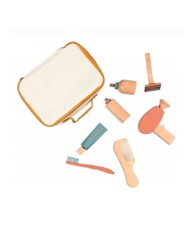 Kit de rasage en bois dans une valise en tissu.. Kit de rasage en bois dans une valise en tissu..